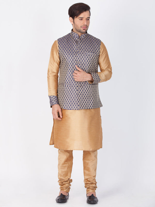 Jashvi Men's Gold Cotton Silk Blend Kurta, Ethnic Jacket and Pyjama Set