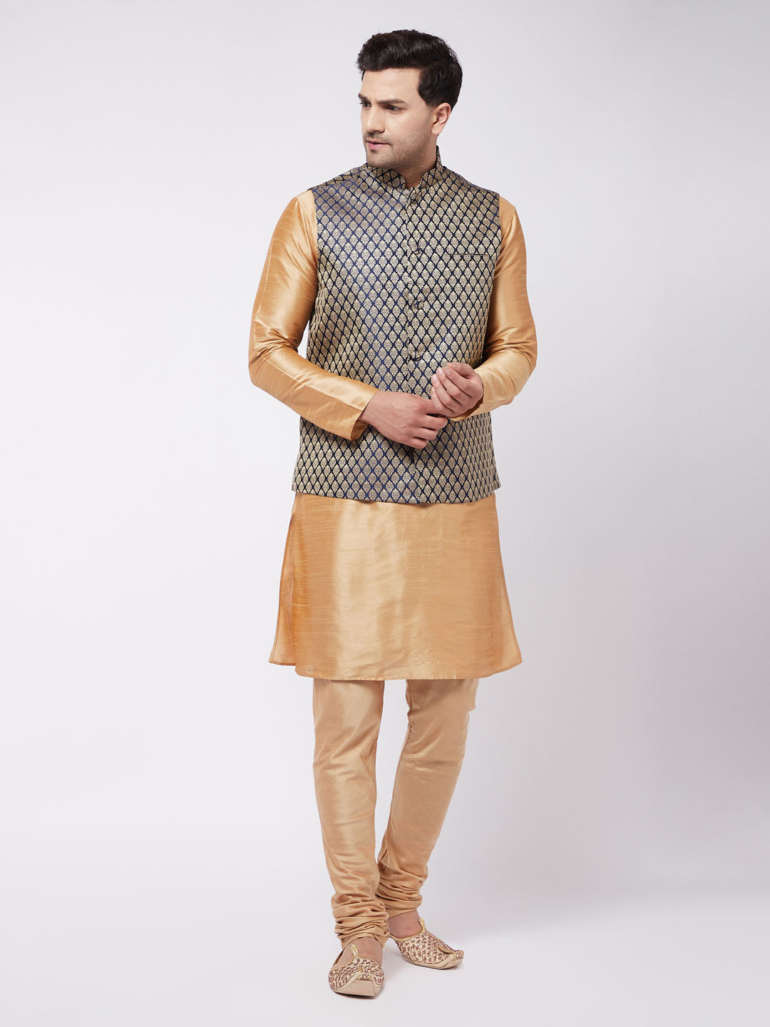 Men's Rose Gold Silk Blend Jacket, Kurta And Pyjama Set - Vastramay