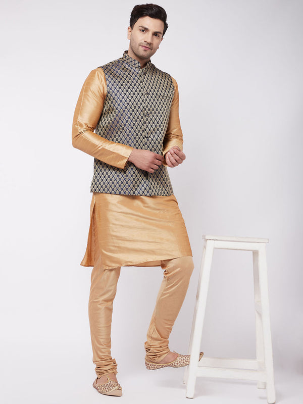 Jashvi Men's Rose Gold Silk Blend Kurta And Pyjama With Blue Woven Nehru Jacket