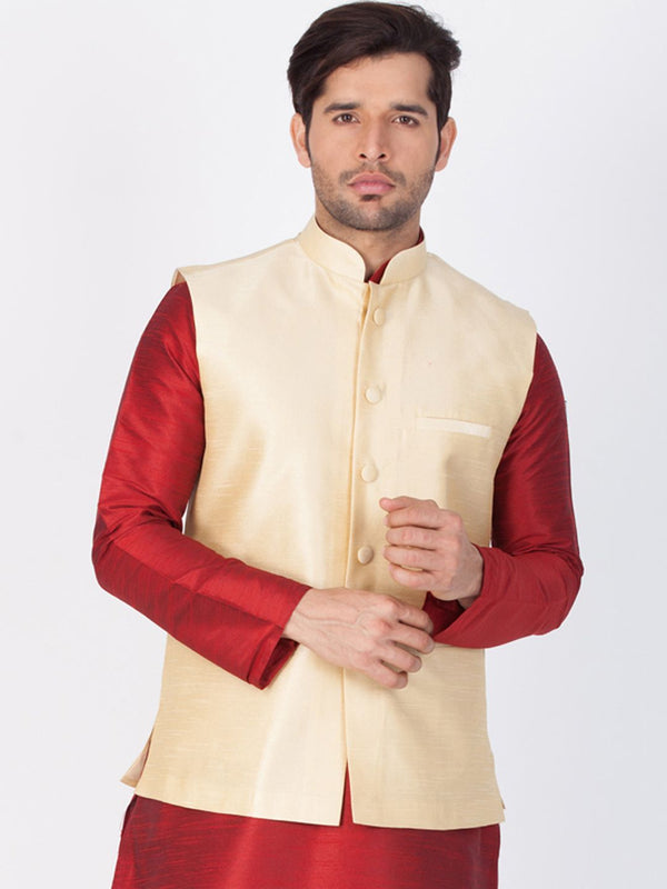 Men's Gold Cotton Silk Blend Ethnic Jacket - Vastramay