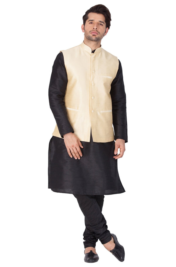 Men's Black Cotton Silk Blend Kurta, Ethnic Jacket and Pyjama Set - Vastramay