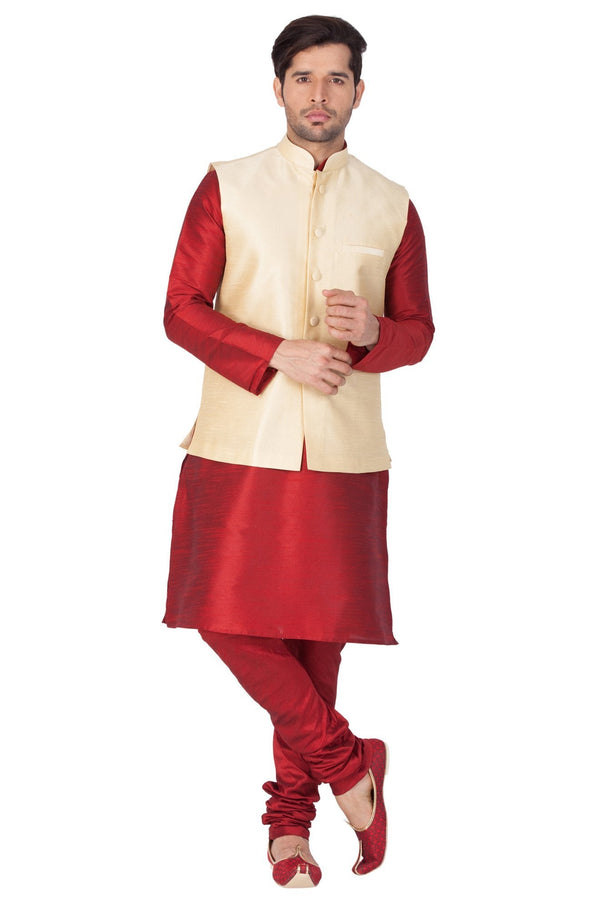 Jashvi Men's Maroon Cotton Silk Blend Kurta, Ethnic Jacket and Pyjama Set