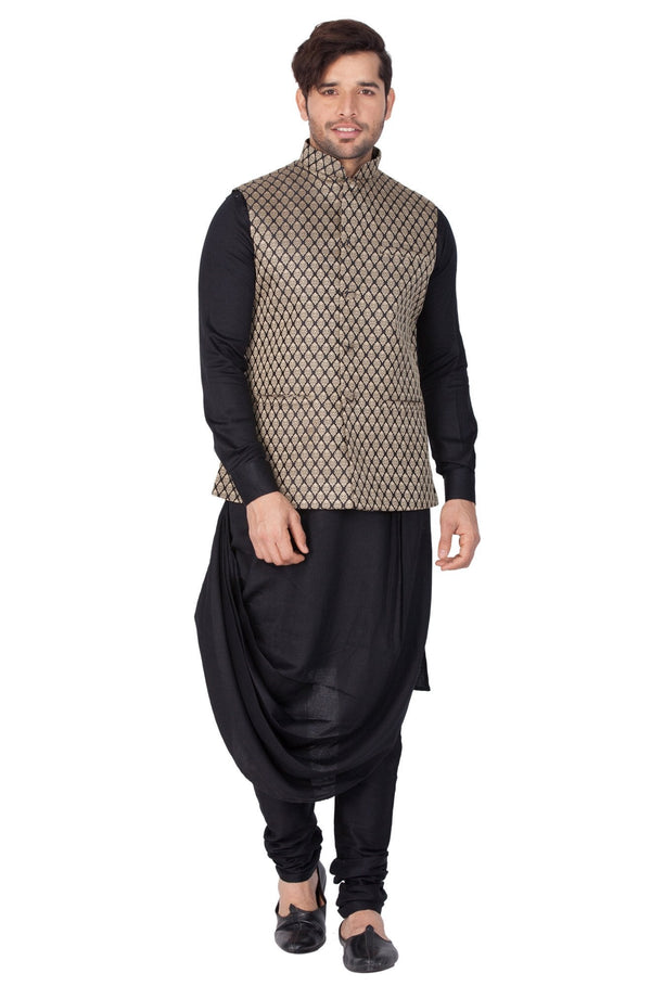 Jashvi Men's Black Cotton Silk Blend Kurta, Ethnic Jacket and Churidar Set