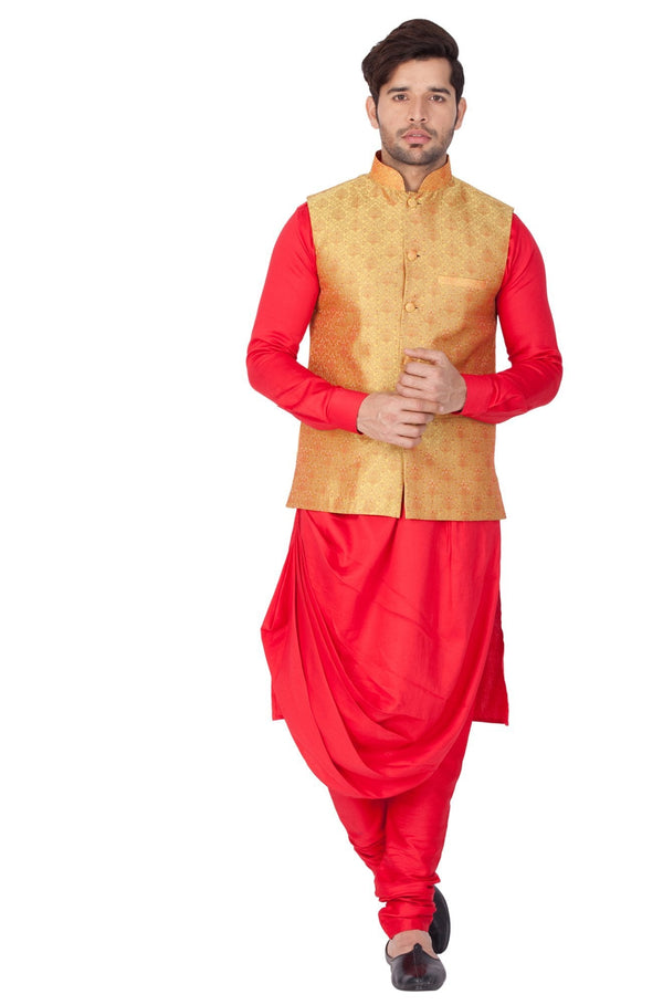 Jashvi Men's Red Cotton Silk Blend Kurta, Golden Ethnic Jacket and Churidar Set