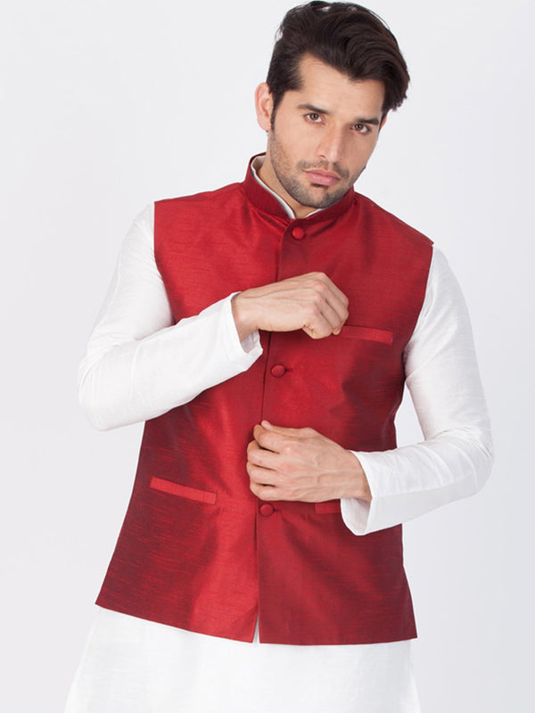 Men's Maroon Cotton Silk Blend Ethnic Jacket - Vastramay