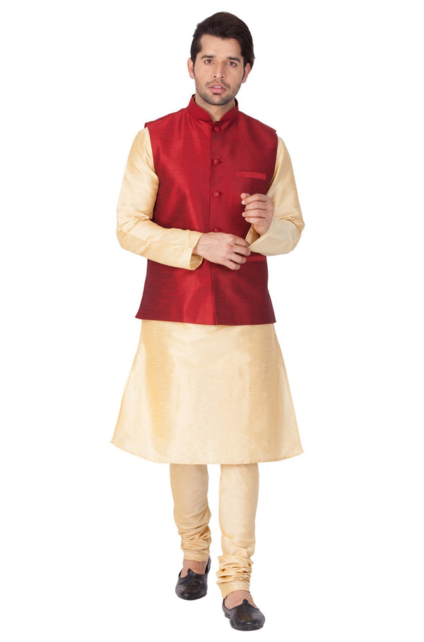 Men's Gold Cotton Silk Blend Kurta, Ethnic Jacket and Pyjama Set - Vastramay