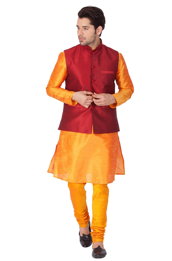 Jashvi Men's Orange Cotton Silk Blend Kurta, Ethnic Jacket and Pyjama Set