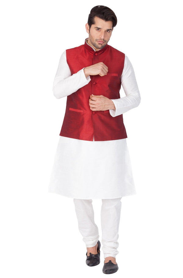 Men's White Cotton Silk Blend Kurta, Ethnic Jacket and Pyjama Set