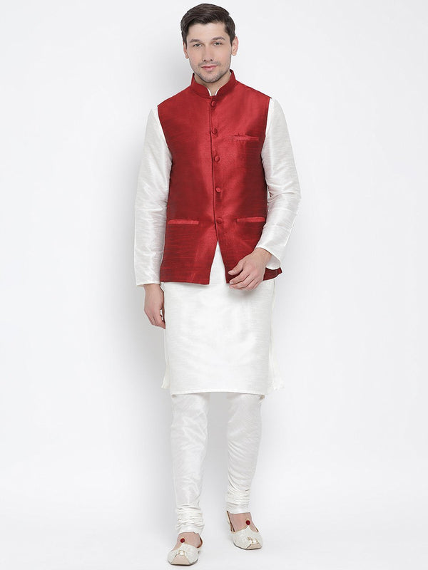 Jashvi Men's White Cotton Silk Blend Kurta, Ethnic Jacket and Pyjama Set