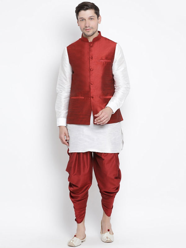 Men's White Cotton Silk Blend Ethnic Jacket, Kurta and Dhoti Pant Set - Vastramay