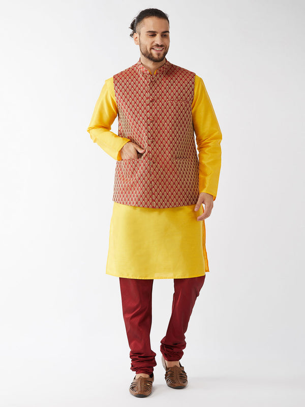 Jashvi Men's Maroon Silk Blend Ethnic Jacket, Yellow Kurta and Maroon Pyjama Set