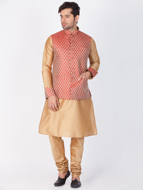 Jashvi Men's Gold Cotton Silk Blend Kurta, Ethnic Jacket and Pyjama Set