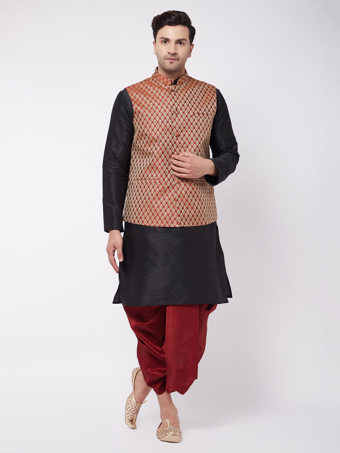 Men's Black And Maroon Silk Blend Jacket, Kurta And Dhoti Set - Vastramay