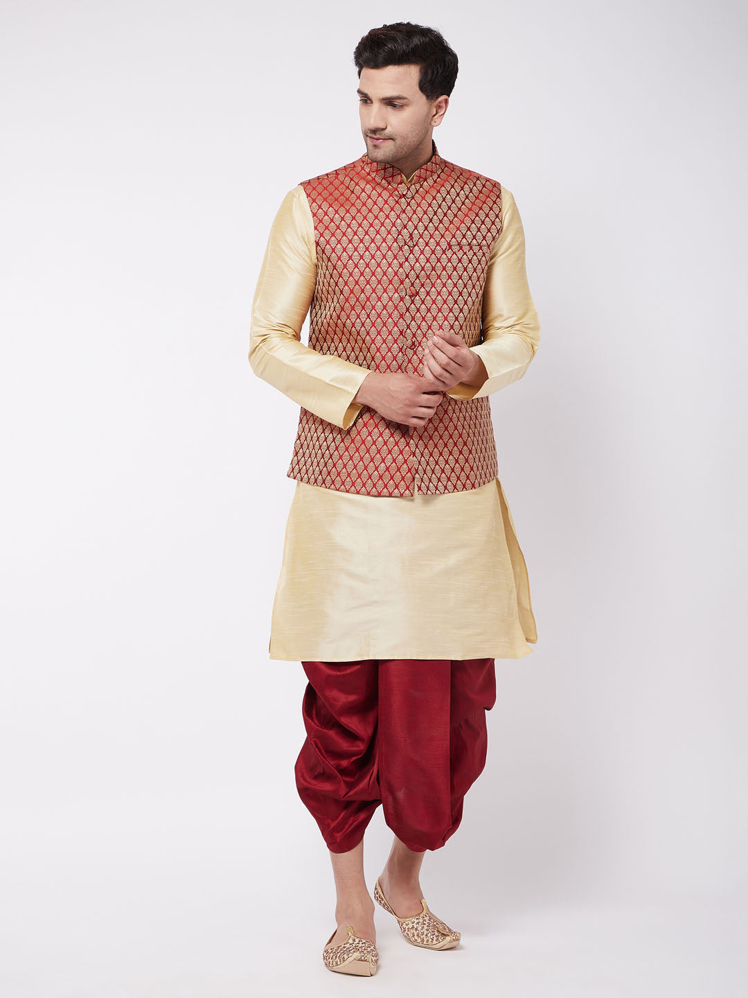 Men's Gold And Maroon Silk Blend Jacket, Kurta And Dhoti Set - Vastramay