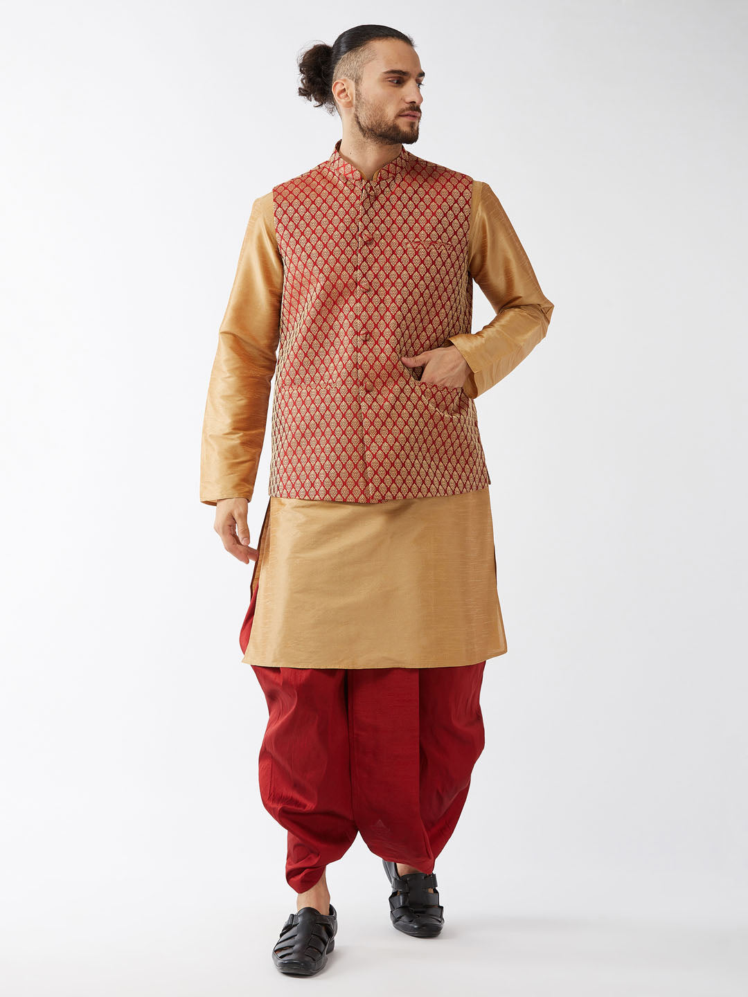 Men's Rose Gold And Maroon Silk Blend Jacket, Kurta And Dhoti Set - Vastramay