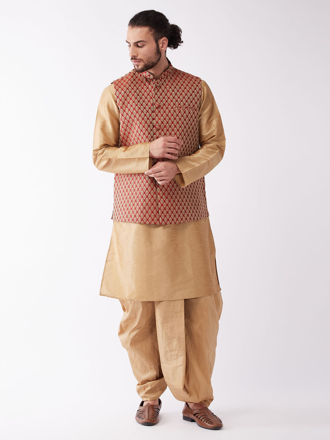 Men's Rose Gold And Maroon Silk Blend Jacket, Kurta And Dhoti Set - Vastramay