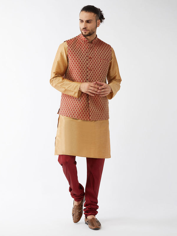 Jashvi Men's Maroon Silk Blend Ethnic Jacket, Rose Gold Kurta and Maroon Pyjama Set