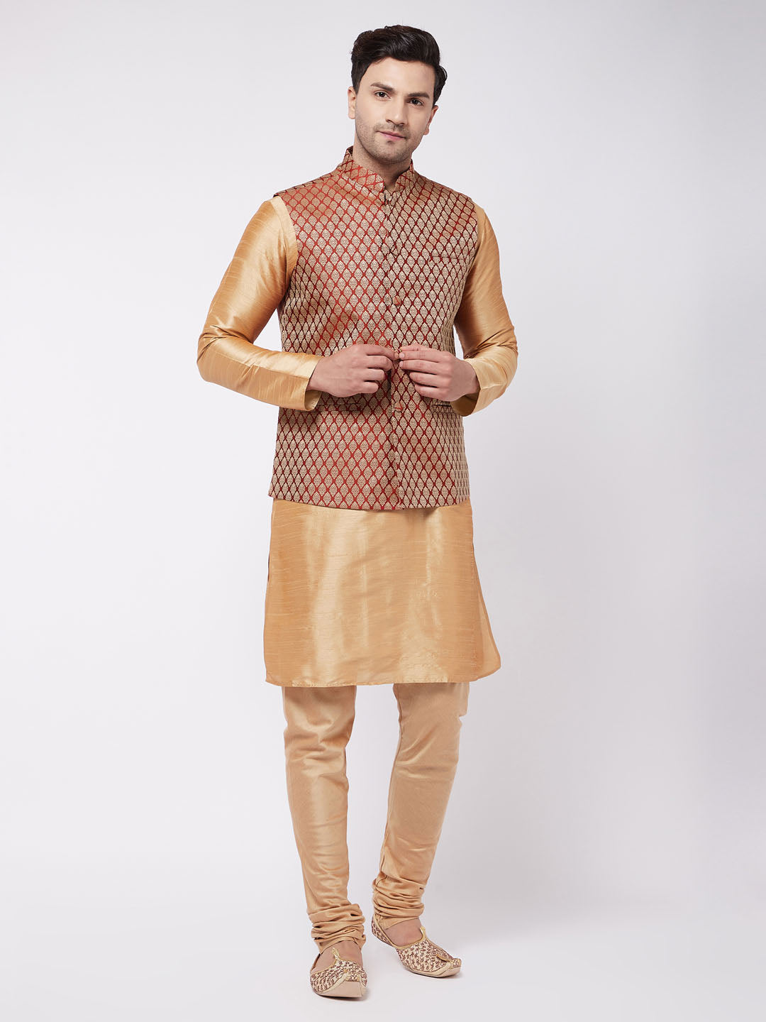 Men's Rose Gold Silk Blend Jacket, Kurta And Pyjama Set - Vastramay