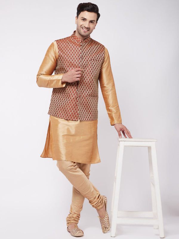 Jashvi Men's Rose Gold Silk Blend Kurta And Pyjama With Maroon Woven Nehru Jacket