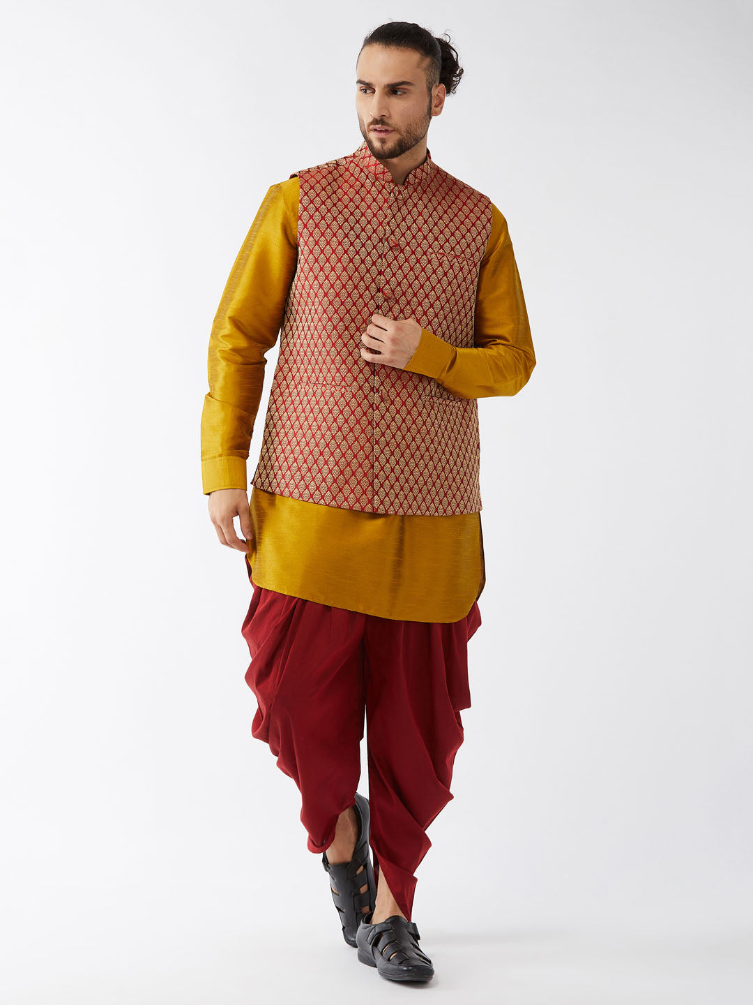 Men's Mustard And Maroon Silk Blend Jacket, Kurta And Dhoti Set - Vastramay