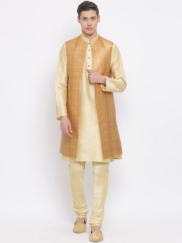 Jashvi Men's Golden Silk Blend Jacket, Kurta and Pyjama Set