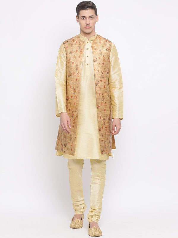 Jashvi Men's Golden Silk Blend Jacket, Kurta and Pyjama Set