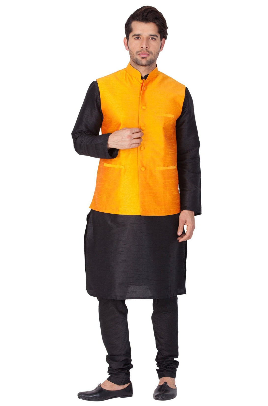 Men's Black Cotton Silk Blend Kurta, Ethnic Jacket and Pyjama Set