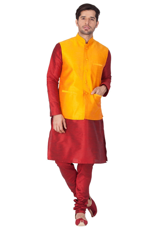 Men's Maroon Cotton Silk Blend Kurta, Ethnic Jacket and Pyjama Set - Vastramay