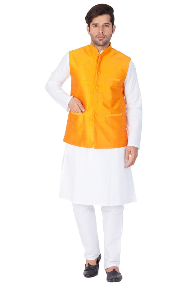 Men's White Cotton Kurta, Ethnic Jacket and Pyjama Set - Vastramay