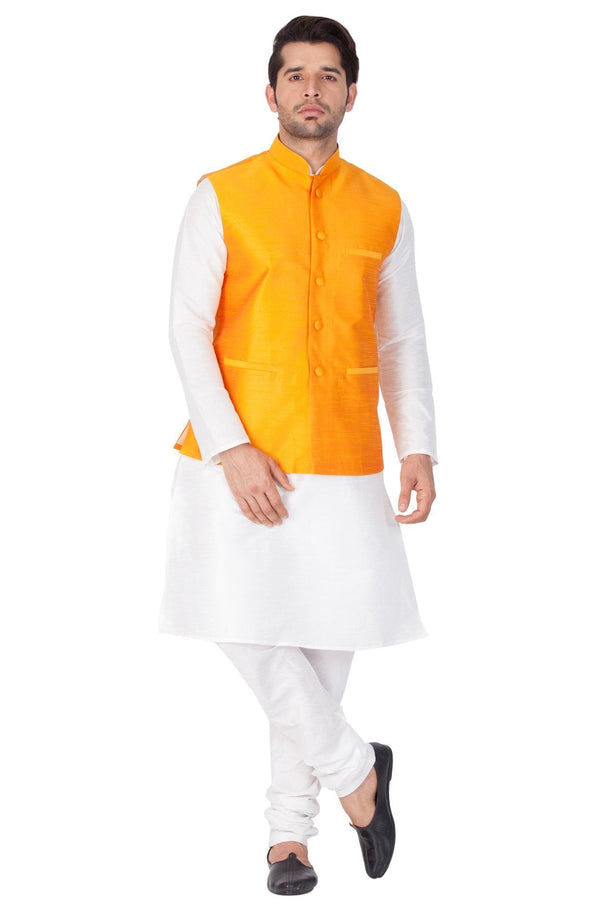 Men's White Cotton Silk Blend Kurta, Ethnic Jacket and Pyjama Set - Vastramay