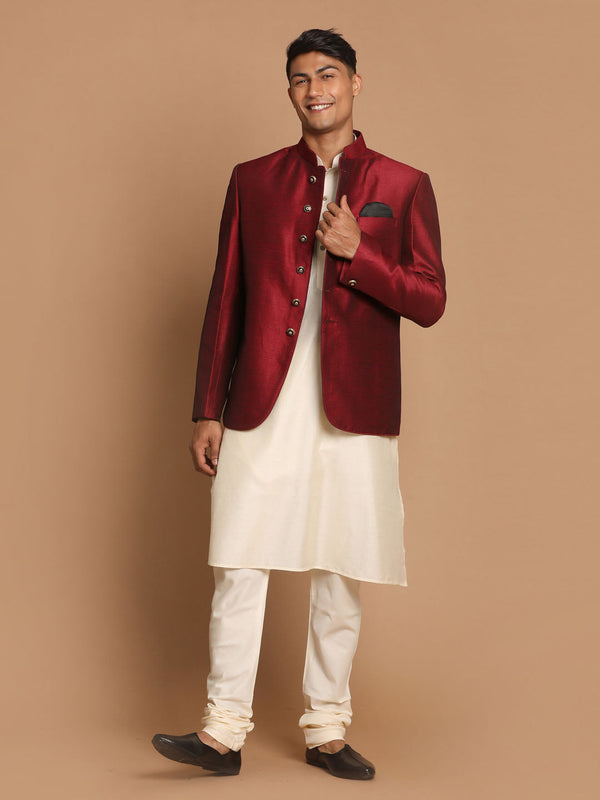 Jashvi Men's Maroon Silk Blend Jodhpuri With Cream Viscose Rayon Kurta Pyjama Set