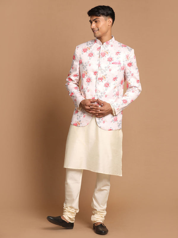 Jashvi Men's Peach Floral Print Jodhpuri With Cream Solid Kurta And Pyjama Set.