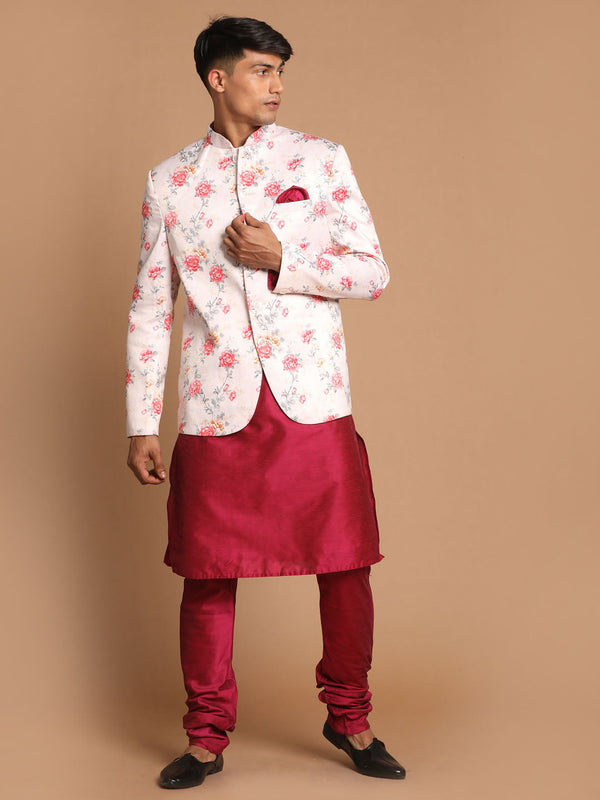 Jashvi Men's  Peach Silk Blend Jodhpuri With Purple Cotton Silk Blend Kurta and Pyjama Set