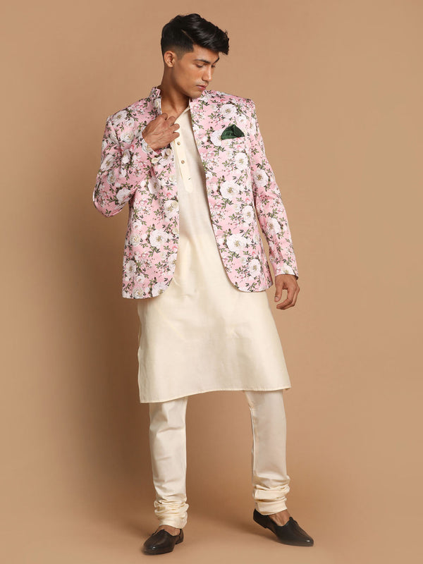 Jashvi Men's Pink Floral Print Jodhpuri With Cream Solid Kurta And Pyjama Set