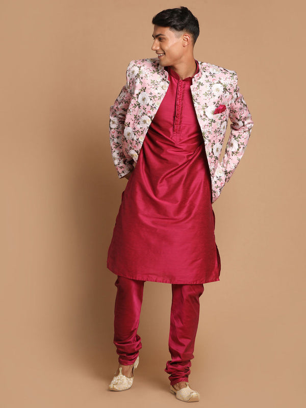 Jashvi Men's Pink Silk Blend Jodhpuri With Purple Cotton Silk Blend Kurta and Pyjama Set