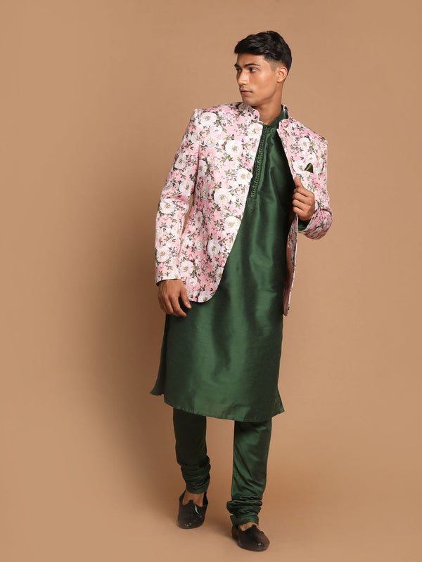 Jashvi Men's Pink Silk Blend Jodhpuri With Green Kurta and Pyjama Set