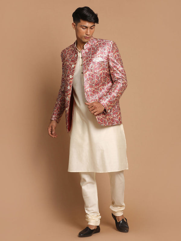 Jashvi Men's Pink Silk Blend Lavanya Print Jodhpuri With Cream Viscose Rayon Kurta Pyjama Set