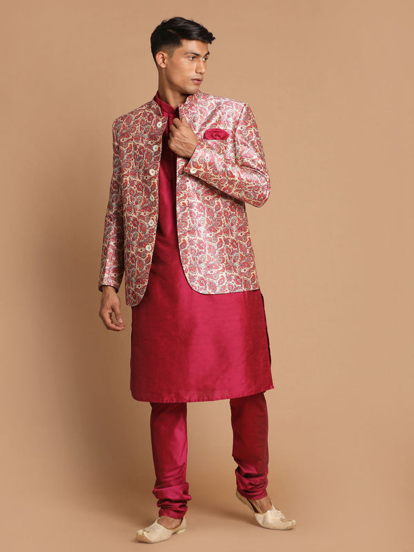 Jashvi Men's Pink Silk Blend Lavanya Print Jodhpuri With Solid Viscose Kurta Pyjama Set