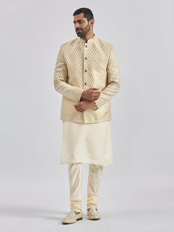 Jashvi Men's Cream And Gold Viscose Jodhpuri, Kurta and Pyjama Set