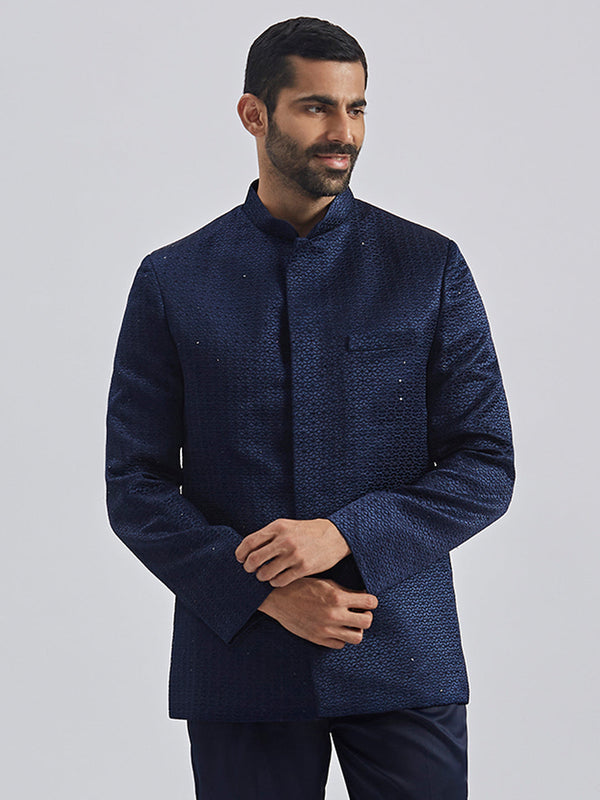 Jashvi Men's Navy Blue Silk Blend Jodhpuri