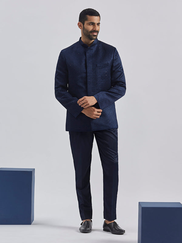 Jashvi Men's Navy Blue Silk Blend Jodhpuri,Pyjama Set