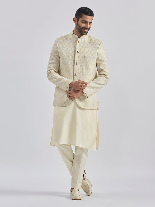 Jashvi Men's Gold And Cream Viscose Jodhpuri, Kurta and Pyjama Set