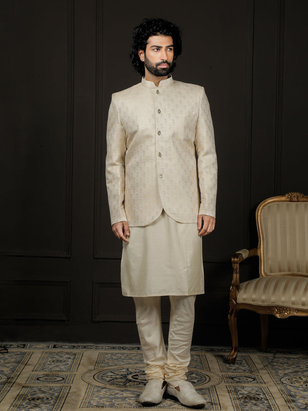 Jashvi Men's Gold And Cream Viscose Jodhpuri, Kurta and Pyjama Set