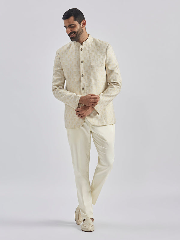 Jashvi Men's Gold And Cream Viscose Jodhpuri, Kurta and Pyjama Set