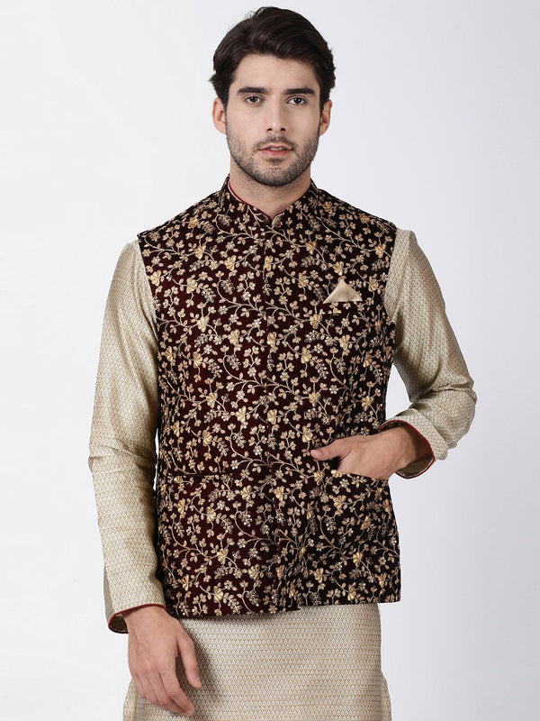 Jashvi Men's Maroon Cotton Silk Blend Ethnic Jacket