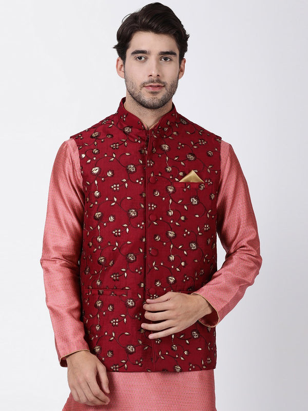 Jashvi Men's Maroon Cotton Silk Blend Ethnic Jacket