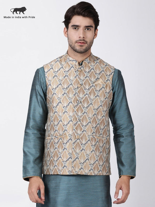 Jashvi Men's Beige Cotton Silk Blend Ethnic Jacket