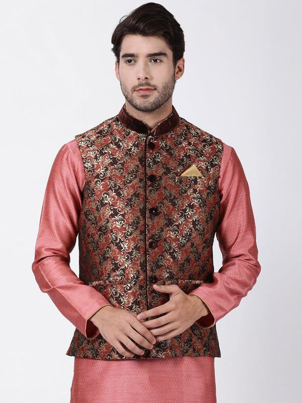 Jashvi Men's Maroon Cotton Silk Blend Ethnic Jacket