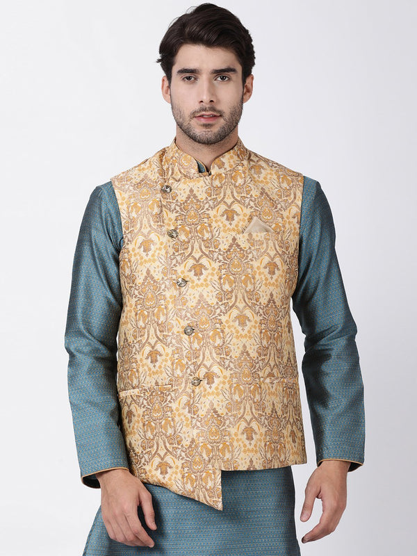 Jashvi Men's Gold Cotton Silk Blend Ethnic Jacket