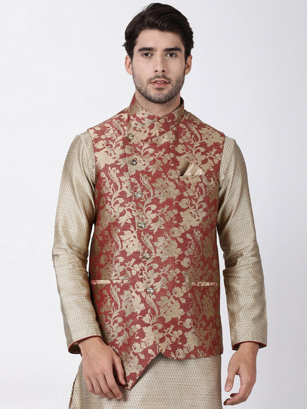 Jashvi Men's Maroon Cotton Silk Blend Ethnic Jacket